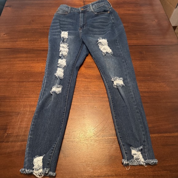 Fashion Nova Distressed Skinny Jeans Women's 13/14‎ High Rise Frayed Hem Blue - Picture 1 of 6